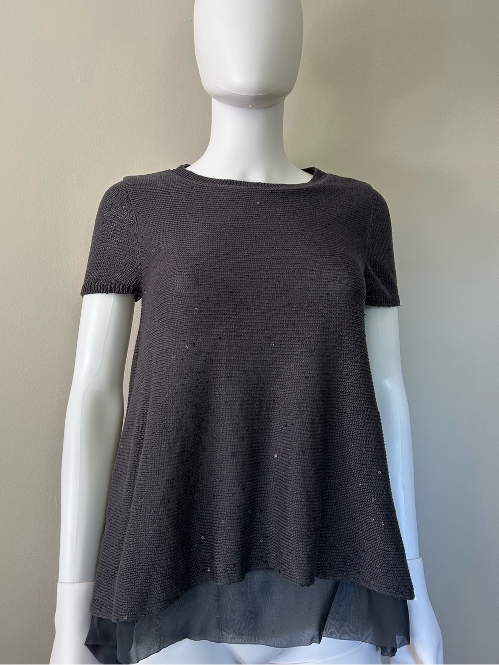 Brunello Cucinelli Sequin Linen Silk Layered Tunic Top Gray Size S Italy
